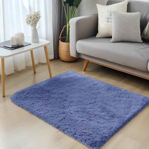 OLANLY 3x5 Machine Washable Small Bedside Rug, Soft Fluffy Shaggy Rugs for Living Room, Bedroom, Indoor Floor Carpet for Kids Girls and Boys, Preppy Dorms, Nursery, Home Decor Aesthetic, Denim Blue - Image 3