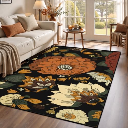 Tyrot Black Boho Floral 3x5 Area Rug, Washable Mid Century Modern Style by TyrotHomeDecor