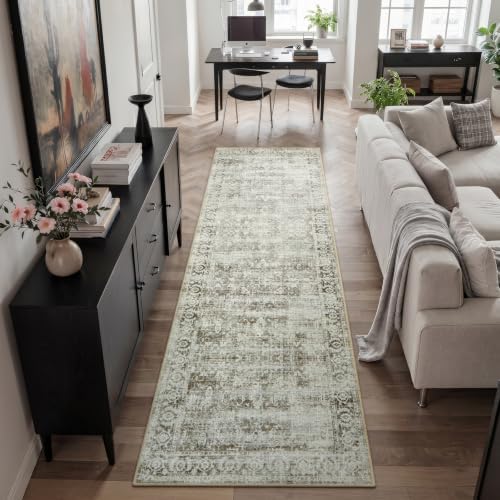 Morebes Washable Hallway Runner Rug 8ft, Brown Distressed Kitchen Runner Rugs Non Slip, Farmhouse Vintage Carpet Runner for Entryway Laundry Bathroom, Soft Bedroom Bedside Rug (2.5x8, Brown) - Image 3