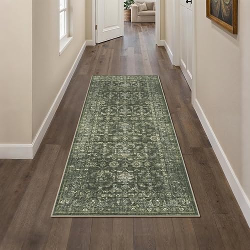 2x5 Washable Kitchen Runner Rug Non-Slip Boho Dark Green Throw Carpet - Image 4