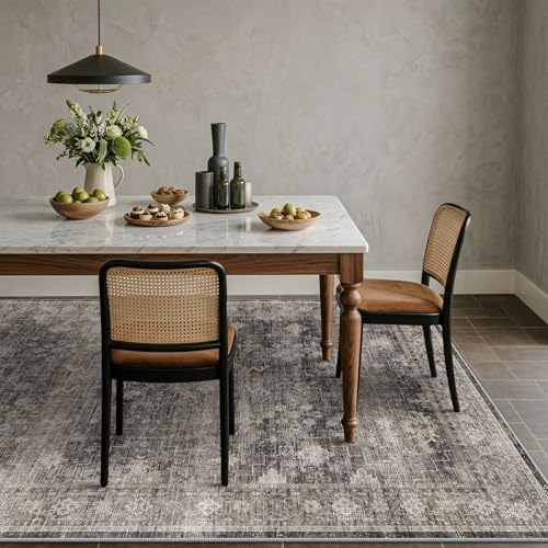 Farmhouse Charcoal Stone 6x9 Rug for Dining Room, Modern Large Area Rugs for Living Room, Boho Washable Rug for Bedroom with Distressed Geometric Design, Stain Resistant Low Pile Non-Slip - Image 3