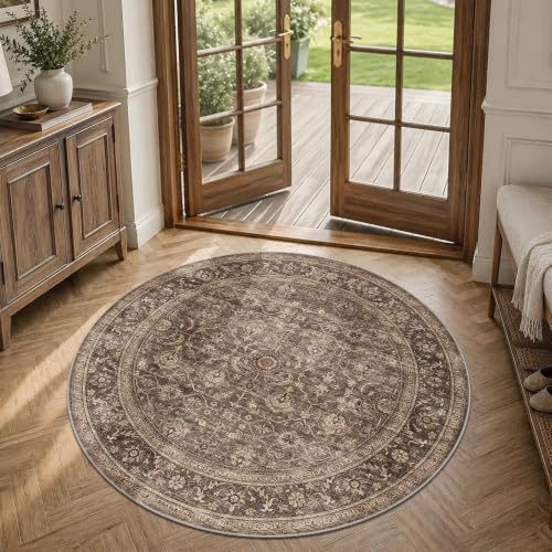 JOOJA 5x5 Dark Brown Vintage Low Pile Washable Boho Round Living Room Rug by JOOJA