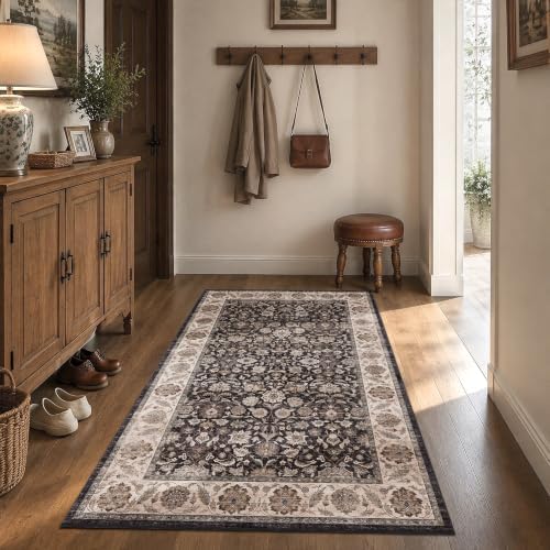 Washable 3x5 Entryway Non-Slip Area Rug Charcoal Beige Throw Carpet by HOME