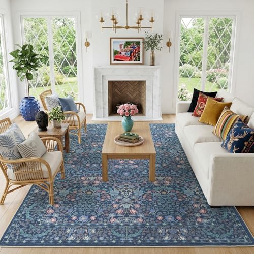 Washable Dining Room Rugs for Under Table - 6x9 Blue Floral Area Rug for Living Room, Low Pile Non Slip Floor Carpet for Bedroom, Vintage Distressed Ultra Soft Stain Resistance by SparkleGaze