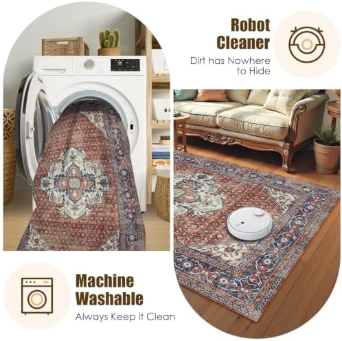 Washable Area Rug 3' x 5 ' Vintage Traditional Persian Mat - Foldable Distressed Non-Slip Machine Washable Carpet for Living Room Bedroom Kitchen Home Decor - Terracotta and Navy - Image 7