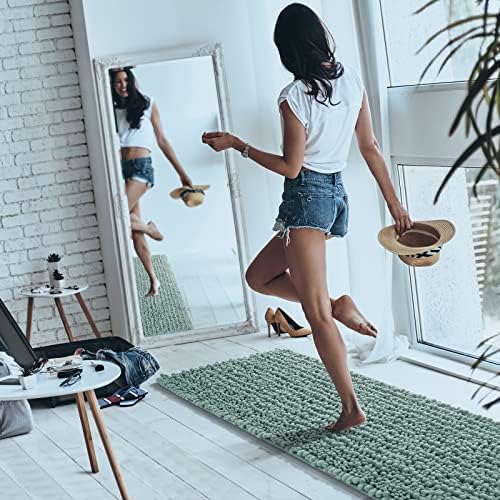 Yimobra Long Bathroom Rugs Non Slip Washable 44x24 Inch - Ultra Soft Absorbent Chenille Bath Mat, Quick Dry Shaggy Floor Carpet for Tub Shower, Grayish Green Home Decor Accessories - Image 2