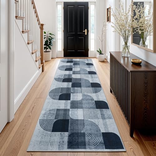 Washable Modern Geometric Hallway Runner Rug for Kitchen Grey 2x8 ft - Image 2