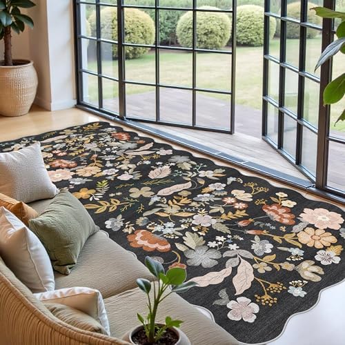 4x10 Washable Runner Rug for Hallway: Scalloped Floral Kitchen Rugs Black - Image 2