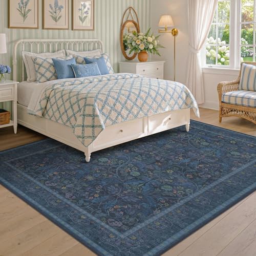 9x12 Vintage Big Floor Rugs for Living Room, Machine Washable Soft Dark Blue Rugs for Bedroom, Low Pile Carpet with Vintage & Boho Décor Floral and Botanical Pattern - Image 3