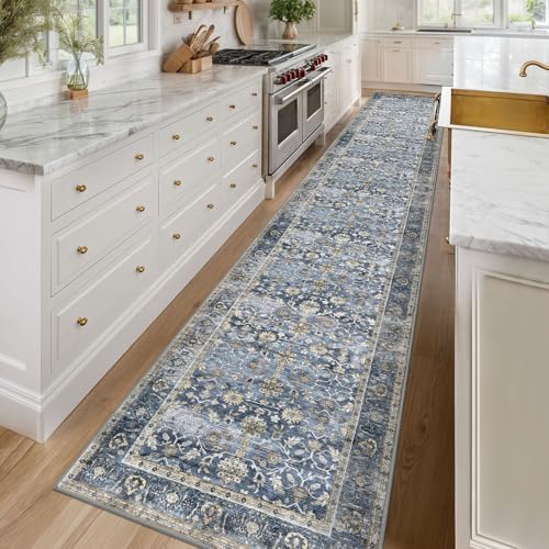 KUTA Vintage Washable Long Hallway Runner Rug 2.6x16 Blue Grey Beige - Image 3