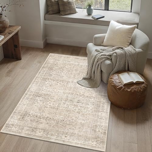 Schweek 3x5 Washable Area Rugs Vintage Floral Non Slip Entryway Rug Beige - Image 3