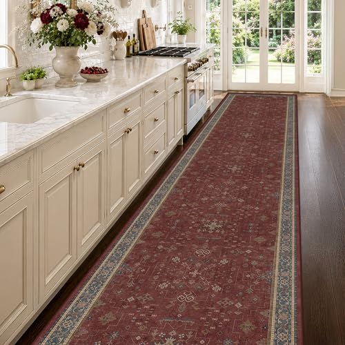 Large Burgundy 3x12 Long Runner Rug for Hallway - Washable Kitchen Rug, Low Pile Thin Carpet for Bedroom Bedside, Foyer, Non Slip Unique Bohemian Red Décor - Image 3