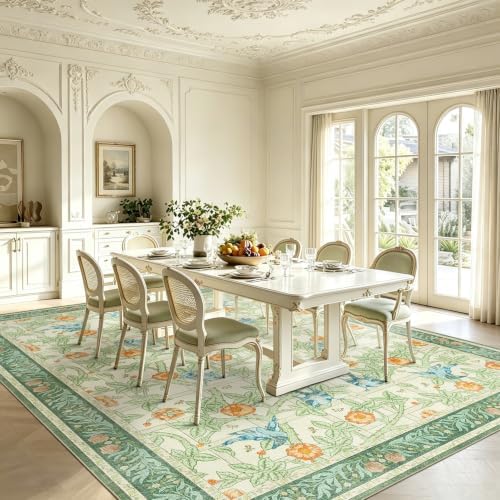 9x12 Large Area Rug, Green Floral Vintage Washable Rug for Living Room - Image 4