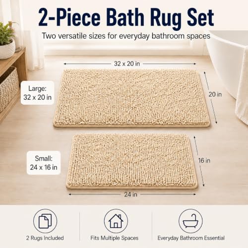 RUN HELIX Beige Bath Mat Set - 32"L x 20"W + 24"L x 16"W, Non Slip, Machine Washable, Home Decor - Image 2