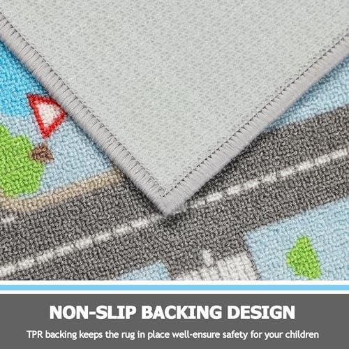Capslpad Sky Blue Car Road Kid Rug Carpet Playmat for Playoom Traffic Road Kids Play Mat for Toddler Non Slip Washable City Map Race Track Carpet Rug for Kids Room Bedroom Nursery Room Decor,5.2'x3.3' - Image 3