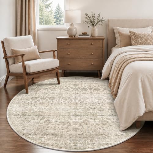 JOOJA 6x6 Beige Vintage Soft Low Pile Washable Boho Round Living Room Rug by JOOJA