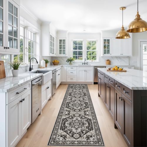 Washable 2'6x12 Hallway Runner Rug: Non-Slip Long Boho Kitchen Rugs Entryway Rug Runner Soft Low Pile Carpet Indoor Vintage Floor Mat for Bedroom Bathroom Laundry (Black/Beige/Grey,2'6''x12') - Image 4