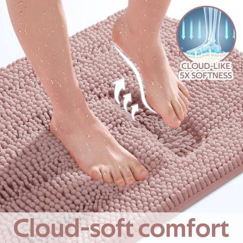 Striped Dusty Pink Bathroom Rug Set 3 Pieces Ultra Soft, Non Slip Chenille Bath Carpet, Absorbent Plush Shaggy Bath Mats for Bathroom, Toilet, Bedroom, Kitchen - Image 4