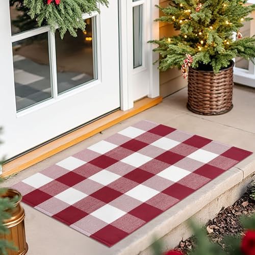 IOHOUZE Christmas Buffalo Plaid Door Mat 2x3, Washable, Red White by iOhouze