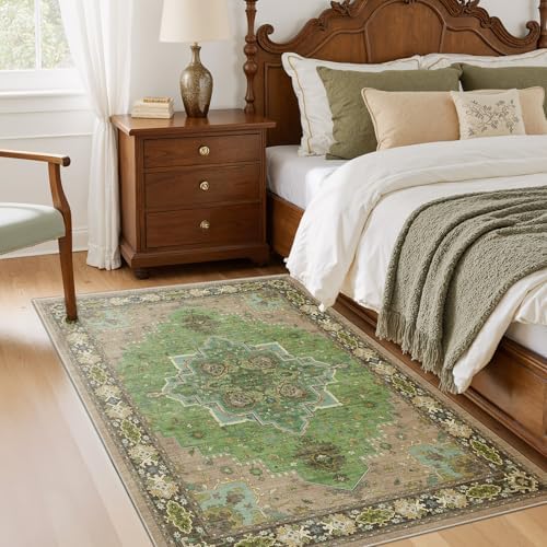 Amada Vintage Washable Area Rug,3'x5',Green by AMADAHOMEFURNISHING