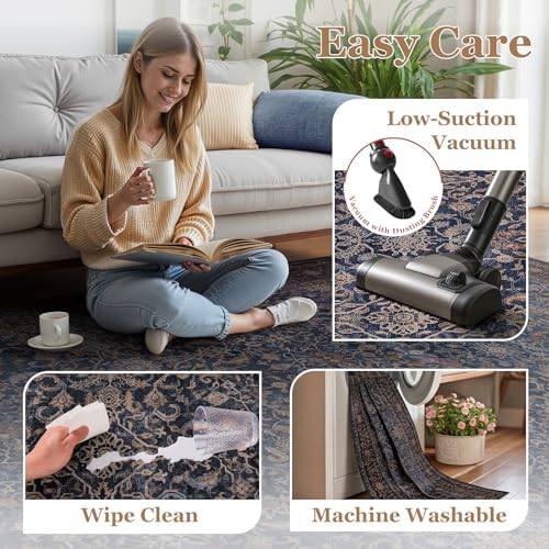 Washable Area Rug 9x12 for Living Room, Vintage Old Money, Dark Blue - Image 6