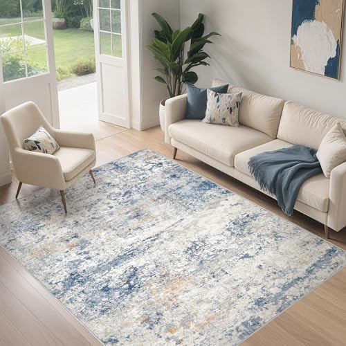 DMOYEST Area Rug Living Room Rugs - 4x6 Abstract Large Soft Indoor Washable Rug Neutral Modern Low Pile Carpet for Bedroom Dining Room Farmhouse Home Office - Blue - Image 3