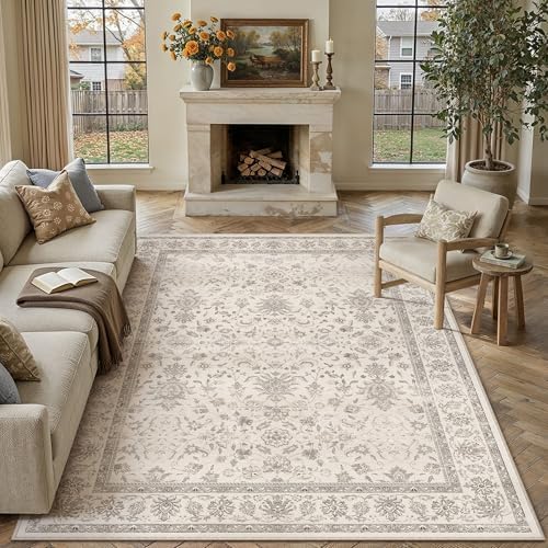 PureCozy Beige 8x10 Washable Area Rug Neutral Vintage Floral Carpet by PureCozy