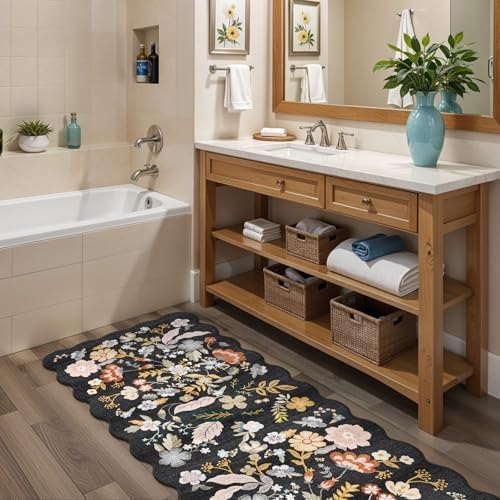 2x8ft Scalloped Hallway Runner Rug: Washable Floral Kitchen Runner Black - Image 6