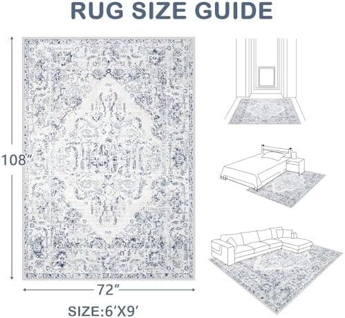 6x9 Area Rugs for Living Room: Washable Rug Vintage Large Rugs Soft Non Slip Low Pile Rug Floral Distressed Floor Carpet for Bedroom Kitchen Nursery Dining Room Home Office (Blue, 6'x9') - Image 2