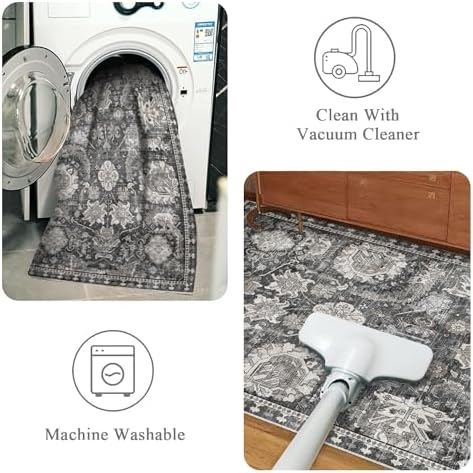 RUGSURE Washable Area Rugs - Perfect for Living Room, Bedroom, Kids Room, Nursery - Stain & Water Resistant Non-Slip, Pet & Child Friendly, Vintage Tribal Area Rugs (Grey, 9' x 12') - Image 4