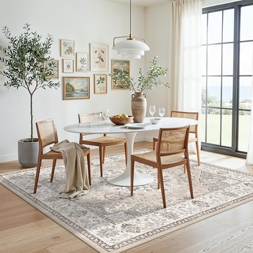 Washable 5x5 Square Area Rugs: Indoor Non-Slip Entryway Kitchen Rugs Oriental Stain-Resistant Bathroom Laundry Floor Mat Water Resistant Light Weight Carpet for Living Room Bedroom Nursery(5x5,Beige) - Image 2