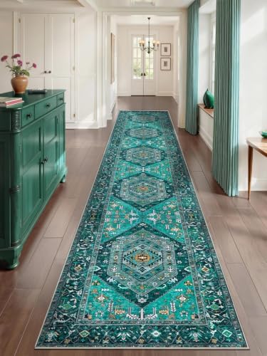 SERISSA 2'6"x14' Washable Non Slip Boho Runner Rug for Hallway，Teal by SERISSAHomeDecorCollection