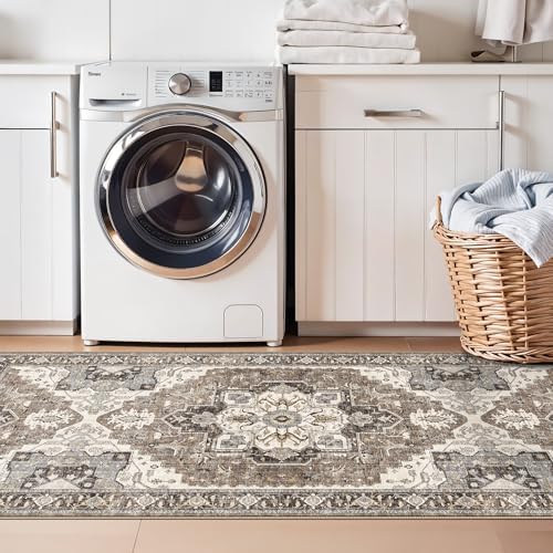 Kitchen Runner Rug 3x6 Non-Slip - Washable Vintage Rugs with Rubber Backing for Living Room Hallway Low Pile Easy Clean Carpet Soft Thin Lightweight Floor Mat for Bedroom Laundry Room(Beige,3x6) - Image 5