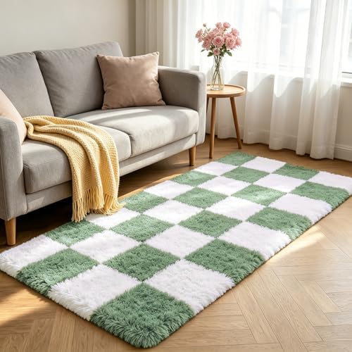 Shag Runner Rug for Bedroom Living Room 3x7 Upgrade Non-Slip Fluffy Soft Bedside Rugs,Green and White Shaggy Carpet for Livingroom Dorm Home Decor Aesthetic - Image 2