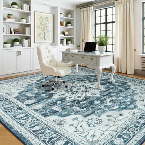 5x7 Washable Area Rugs for Living Room, Blue White Vintage Boho Rug - Image 4