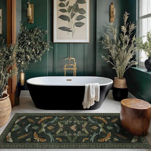 Hazo Haus Dark Green Insect 2x5 Bathroom Runner Rug - Washable Non Slip Runners for Kitchen, Laundry Room, Front Door Mat Entrance, Nature Floral Indoor Floor Décor, Thin Low Pile with Rubber Backed by HazoHaus