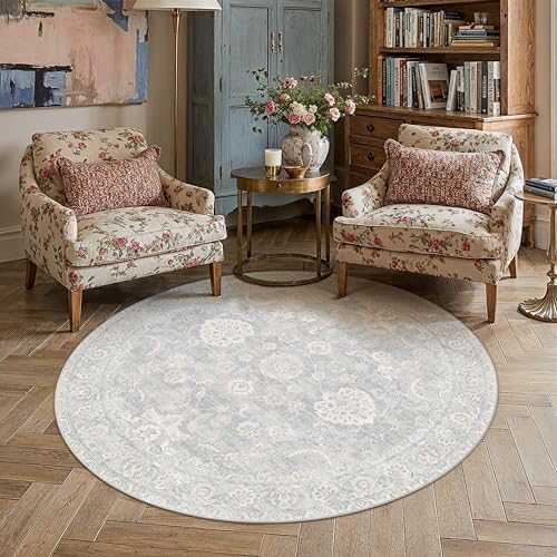 6x6 Blue Cream Neutral Round Rug by WondRg