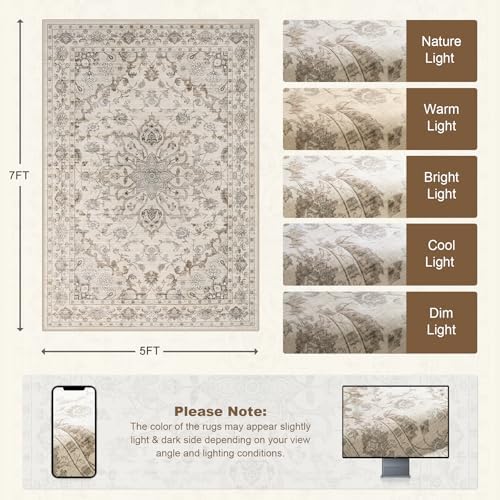 5x7 Area Rugs Living Room: Washable Rug for Bedroom Brown Beige - Image 2