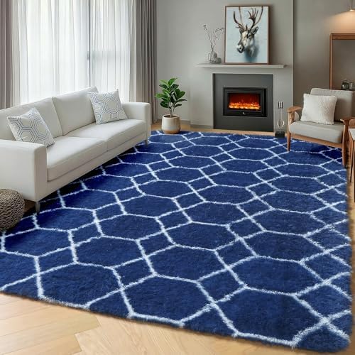 5x7 Area Rugs for Living Room Boys Bedroom, Fluffy Navy Blue and White Rug - Image 6
