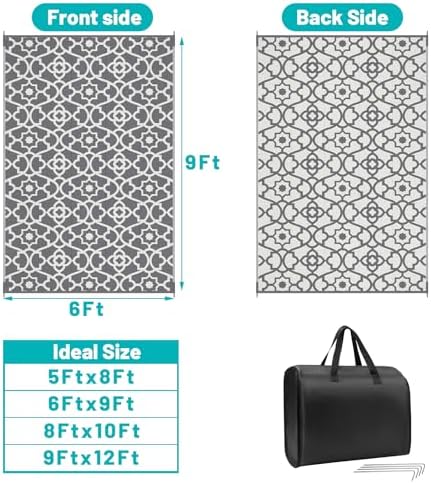 HEBE Waterproof Outdoor Rug 6'x9', Geometric Reversible Plastic Patio Rug - Image 2