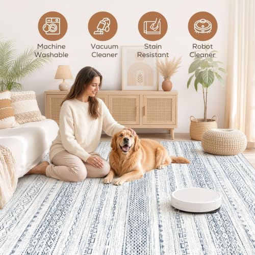 Nakagishi 6x9 Area Rugs Living Room: Washable Boho Large Neutral Soft Farmhouse Rug Stain Resistant Modern Indoor Floor Non-Slip Carpet for Bedroom Nursery Playroom Office Dining Room Dorm-White Blue - Image 3