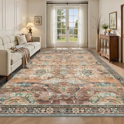 5x7 Area Rugs, Vintage Retro Soft Washable Rug, Non-Slip Low Pile Rugs for Living Room, Bedroom, Dining Room, Stain Resistant Home Decor Rug (Vintage Orange/Brick) by Yarooge