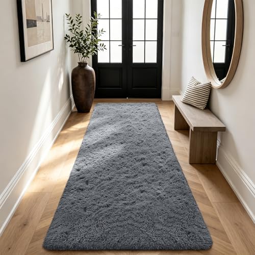 Shag Runner Rug for Bedroom Living Room 3x7 Upgrade Non-Slip Fluffy Soft Bedside Rugs,Grey Shaggy Gray Carpet for Livingroom Dorm Home Decor Aesthetic - Image 5
