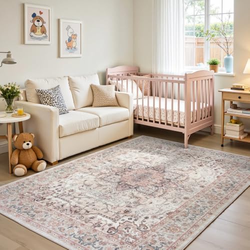 8x10 Washable Nursery Rug, Dusty Pink Non-Slip Bedroom Rugs Girls - Image 3