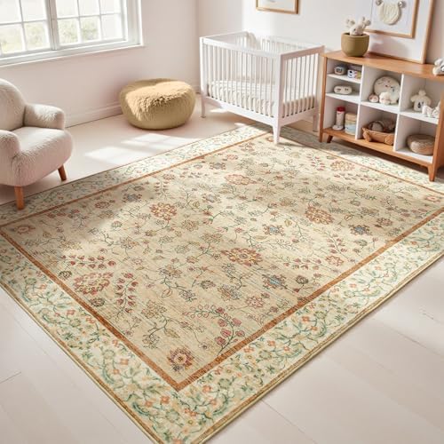 Goideal Beige Rug for Girls Room, 5x7 Floral Washable Area Rug Non Slip, Boho Low Pile Carpet with Rubber Backing for Bedroom Living Room Bathroom Playroom Nursery Office - Image 3