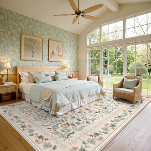 Lahome Beige Floral Washable Area Rug 9x12, Extra Large Botanical Carpet - Image 3