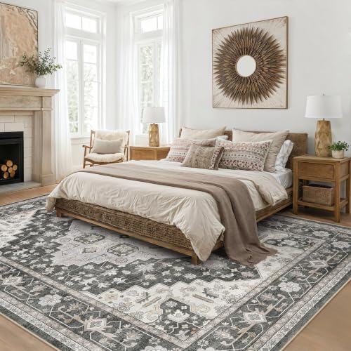 10x14 Area Rug for Living Room: Washable Vintage Gray Taupe Rug by ZUNTKON