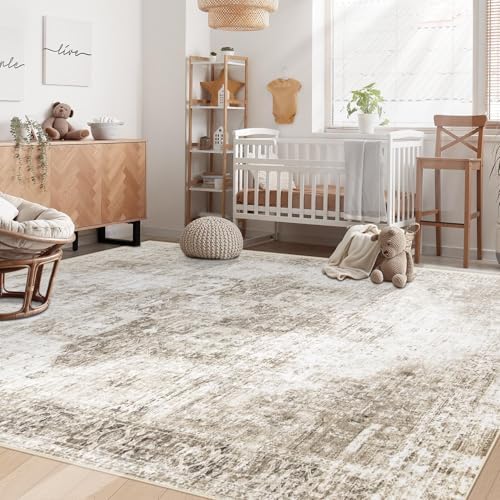 Area Rug 6x9 Washable Rug, Vintage Boho Medallion Rugs Non-Slip Soft Low Pile Large Distressed Rug Indoor Retro Carpet for Living Room Bedroom Dining Room Home Office (Taupe, 6'x9') - Image 3
