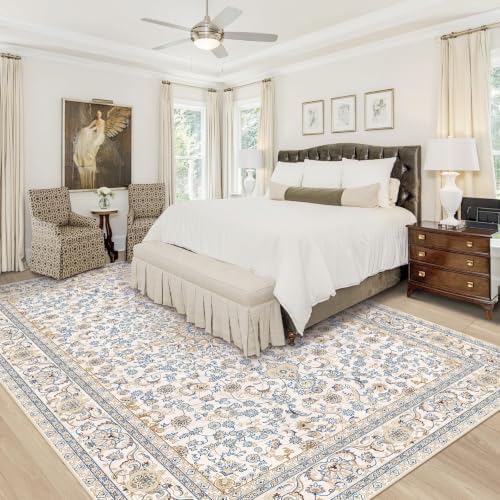Area Rug 9x12 Washable Rug, Vintage Boho Medallion Rugs Non-Slip Soft Low Pile Large Distressed Rug Indoor Retro Carpet for Living Room Bedroom Dining Room Home Office (BeigeBlue, 9'x12') - Image 2