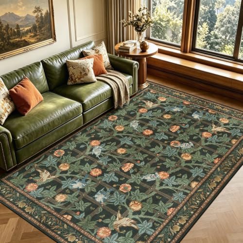 5x7 Area Rug, Green Vintage Floral Washable Rugs for Living Room Bedroom by LAISE